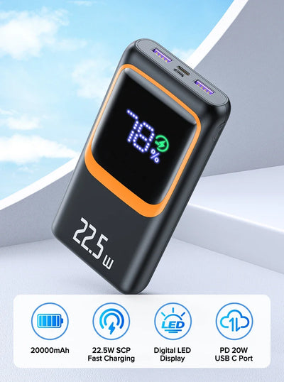 QOOVI 20000mAh Power Bank External Large Battery Capacity PD 22.5W Fast Charging Portable Charger For Samsung iPhone Xiaomi